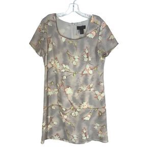 Sigrid Olsen Floral Midi Dress Watercolor Sheer Artsy Short Sleeve Shift 8 Taupe